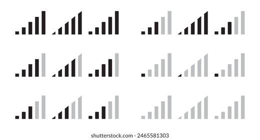 Conjunto de indicadores de intensidad de señal, icono de Estado de barra de teléfono móvil. señal de nivel de conexión de red Barras de señal negras. Sin señal, Ilustración vectorial