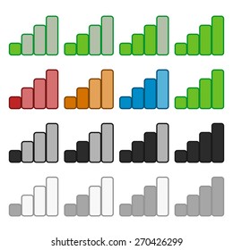 Signal strength indicator set in various colors. Symbols for Wireless Internet connection, no signal, bad antenna, online-offline themes