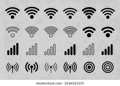 Signal Strength and Wi-Fi Icon Set – Black Vector Symbols for Connectivity, Network, and Internet