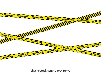 Signal tape. Yellow warning tape with text Quarantine. Yellow black isolated alarm tape on white background.