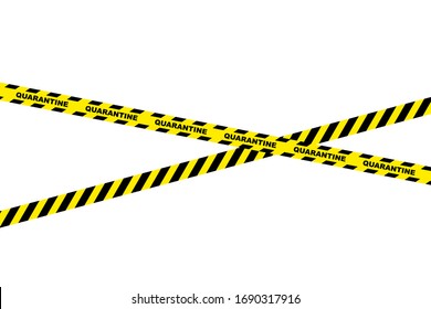 Signal tape.Yellow black isolated alarm tape on white background. Yellow warning tape with text Quarantine. 