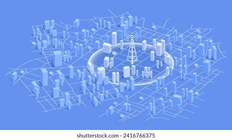 The Signal tower of 5G, 6G. Cell towers signal on abstract isometric 3d cityscape. Networks to distribute fast signals on area. Wireless network communication on map of city. Vector illustration.