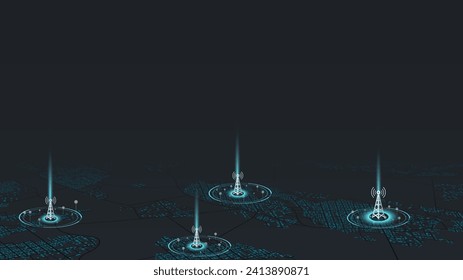 Der Signalturm des 5G-Signals, Netze zur Verteilung schneller Signale auf dem Gebiet. Drahtlose Netzwerkkommunikation auf Stadtplan. Bearbeitbar isometrisch, Vektorgrafik