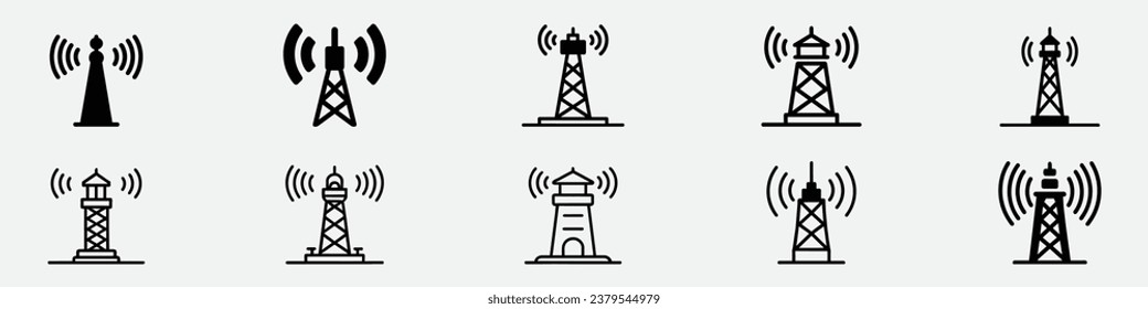 Signal tower icon, tower signal icon, Base transceiver station line icons, Communication antenna simple vector icon, Radio tv antenna icons. Transmitter icon. Thin linear transmitter outline icons