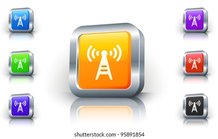 Signal Tower Icon on 3D Button with Metallic Rim Original Illustration