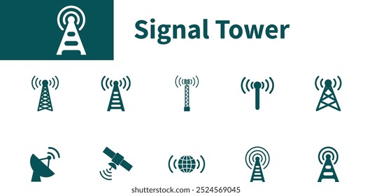 Ícone de torre de sinal. Sólido conjunto de símbolos vetoriais de telecomunicações, conexão, internet, ondas de rádio, ondas de telefone, satélites.