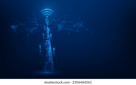 signal tower telecommunication network technology on blue background. internet wireless digital connection. vector illustration fantastic design.