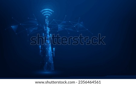 signal tower telecommunication network technology on blue background. internet wireless digital connection. vector illustration fantastic design.
