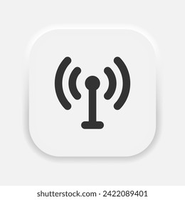 Signal transmission icon. Antenna or broadcasting tower and signal waves. Access point symbol in neumorphism style. Vector EPS 10