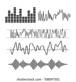 Signal Wave Set. Analog Signals And Digital Sound Waves Forms Vector.