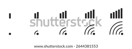 Signal and WiFi icons with strength variations. Minimal black and white digital interface symbols.