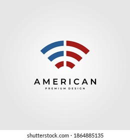 símbolo del logotipo de la señal wifi con símbolo de la bandera estadounidense diseño de ilustración vectorial