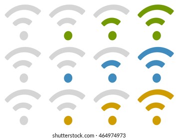 Signal (wireless connection, wifi, wireless internet) signs, symbols. Icons for aerial, cordless communication, data transfer