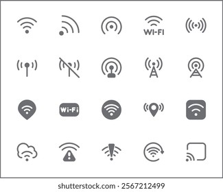 Signal And Wireless Technology Icon Set. Vector collection of basic, infographic, wifi, internet, connection, wifi free, network and smartphone elements symbols or logo element. 