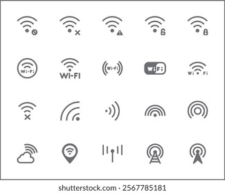 Signal And Wireless Technology Icon Set. Vector collection of basic, infographic, wifi, internet, connection, wifi free, network and smartphone elements symbols or logo element.