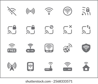 Signal And Wireless Technology Icon Set. Vector collection of basic, infographic, wifi, internet, connection, wifi free, network and smartphone elements symbols or logo element.