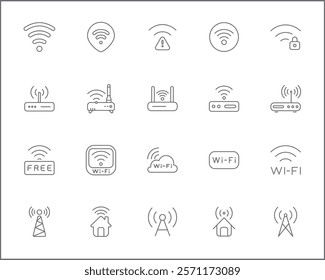 Signal And Wireless Technology Icon Set. Vector collection of basic, infographic, wifi, internet, connection, wifi free, network and smartphone elements symbols or logo element.