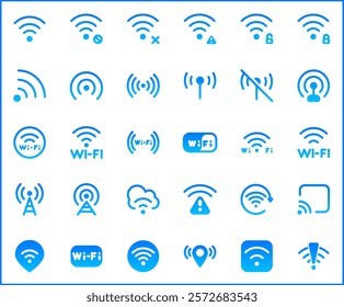 Signal And Wireless Technology Icon Set. Vector collection of basic, infographic, wifi, internet, connection, wifi free, network and smartphone elements symbols or logo element.