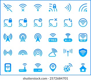 Signal And Wireless Technology Icon Set. Vector collection of basic, infographic, wifi, internet, connection, wifi free, network and smartphone elements symbols or logo element.