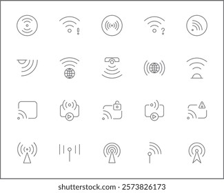 Signal And Wireless Technology Icon Set. Vector collection of basic, infographic, wifi, internet, connection, wifi free, network and smartphone elements symbols or logo element.