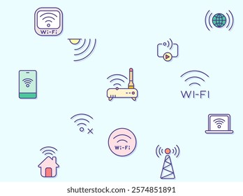 Signal And Wireless Technology Icon Set. Vector collection of basic, infographic, wifi, internet, connection, wifi free, network and smartphone elements symbols or logo element.