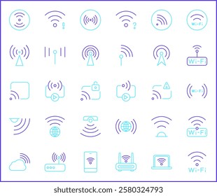 Signal And Wireless Technology Icon Set. Vector collection of basic, infographic, wifi, internet, connection, wifi free, network and smartphone elements symbols or logo element.