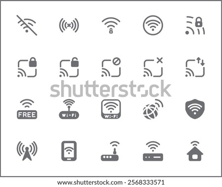 Signal And Wireless Technology Icon Set. Vector collection of basic, infographic, wifi, internet, connection, wifi free, network and smartphone elements symbols or logo element.