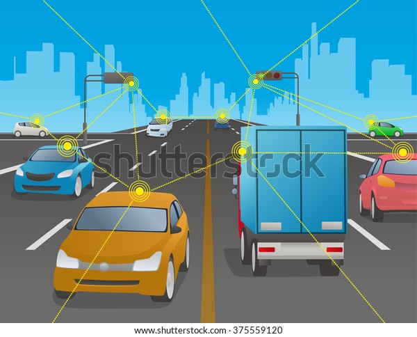 signalized intersection and various vehicle,\
Traffic and wireless network, Intelligent Transport Systems,\
Internet of Things, vector\
illustration