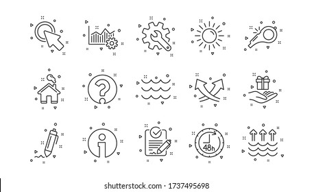 Signature, Analytics and Question mark. Waves, Whistle and Global warming line icons. Linear icon set. Geometric elements. Quality signs set. Vector