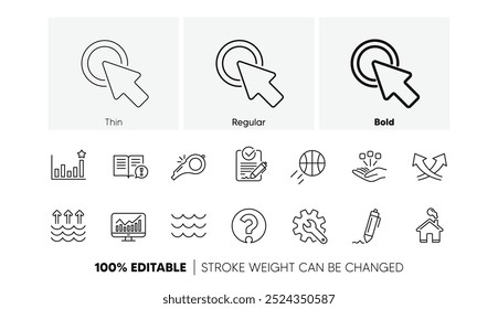 Assinatura, análise e ponto de interrogação. Ondas, assobio e ícones da linha de aquecimento global. Ícone linear definido. Conjunto de ícones de linha. Vetor