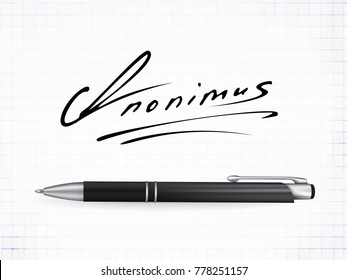 Signature Anonimus Vector Icon. Fictitious signature and realistic ball pen on a traced paper background