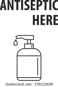 Signature antiseptic here. Hand sanitizer bottle, personal protective equipment, disinfectant sprays to prevent viruses, coronavirus. Vector flat infographics illustration