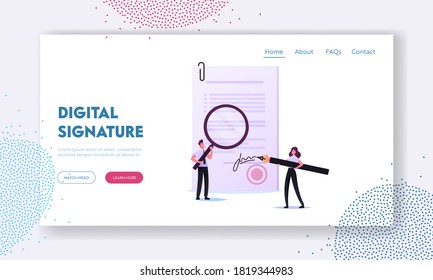 Signature Authenticity Service Landing Page Template. Tiny Woman Notary or Lawyer Character Signing Paper Document with Huge Pen. Man with Magnifier Learn Initials. Cartoon Vector Illustration