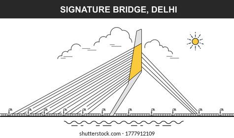 Signature Bridge Flat icon, Tallest structure in Delhi, Reflecting in the Yamuna river new Delhi India