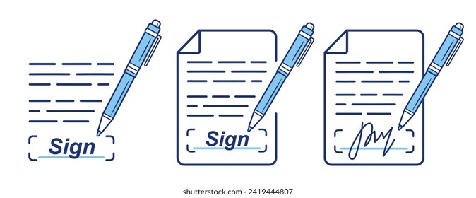 Signature business document with writing pen, online electronic signing digital contract, approve legal paper line icon set. E-signature web form. Corporate deal, agreement. Person handwriting. Vector