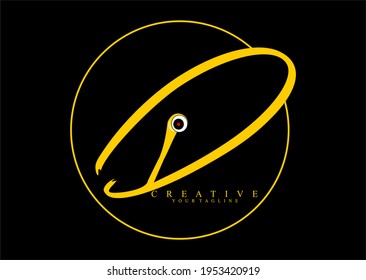 Signature Circle in the form of Letter D which is Gold colored. logotype with eye ornament