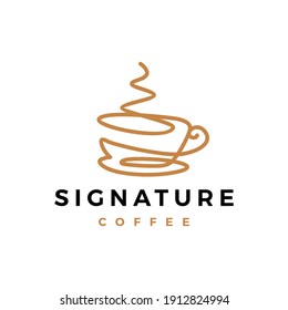 signature coffee one line continuous logo vector icon illustration