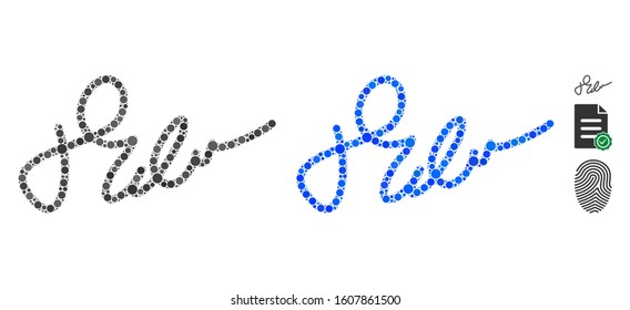 Signature composition of spheric dots in various sizes and color tints, based on signature icon. Vector round dots are composed into blue mosaic. Dotted signature icon in usual and blue versions.