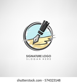 Signature concept logo template with pen drawing. Label template for signature to the treaty or company symbol. Vector illustration