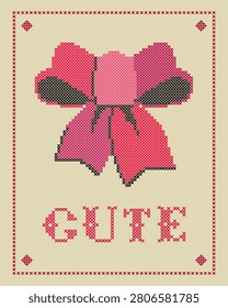 Signature Cute and a bright bow vector illustration. Cross stitch napkin with frame on the pinr. Vector concept for cute home decoration.