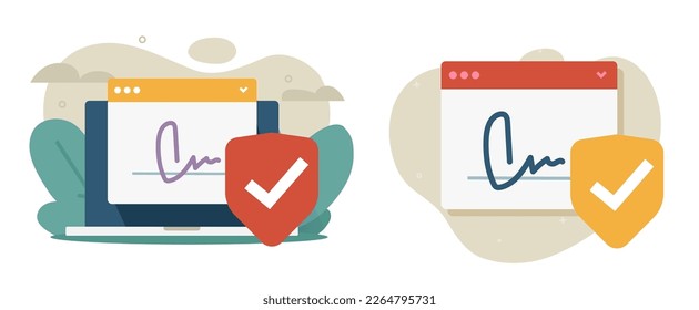 Signature digital electronic smart agreement contract signing vector icon with authenticity identity check shield graphic illustration, web internet cyber e sign technology graphic image clipart 