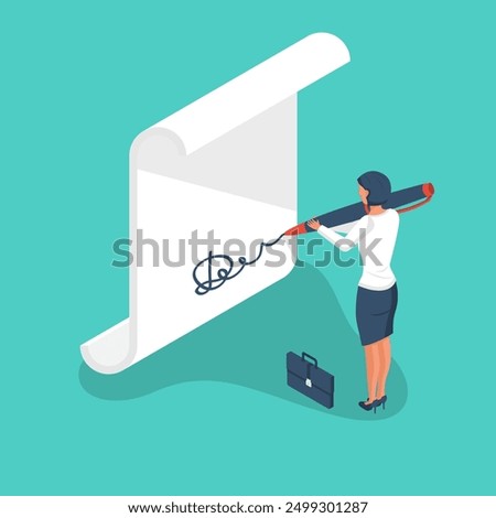 Signature document. A pen in a woman's hands. Template for web and design. Contract or agreement. Vector illustration isometric 3d design. 