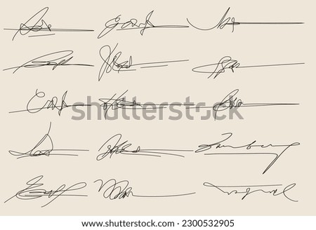 signature doodle, Hand written signature. Vector illustration set of hand drawn name imprint, Different example signatures isolated in white background.