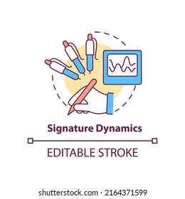 Icono de concepto de dinámica de firma. Ilustración de línea delgada de idea abstracta de medición conductual. Escritura a mano individual. Dibujo de contorno aislado. Trazo editable. Fuentes Arial, Myriad Pro-Bold utilizadas