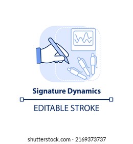 Signature dynamics light blue concept icon. Behavioral measurement abstract idea thin line illustration. Handwriting. Isolated outline drawing. Editable stroke. Arial, Myriad Pro-Bold fonts used