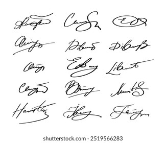 Signature Fake Autograph Vector Signs Set. Handwritten Fictitious Personal Scribbles Elements Collection. Documents Sign Doodles on White Background. Isolated