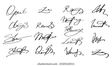 Signature Fake Autograph Vector Signs Set. Handwritten Fictitious Personal Scribbles Elements Collection. Documents Sign Doodles on White Background. Isolated