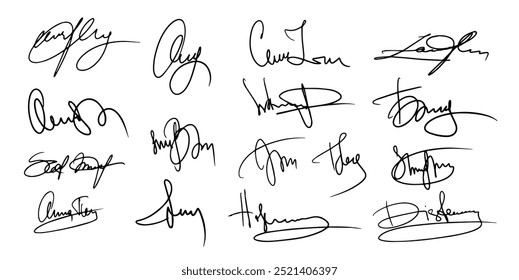 Signature Fake Autograph Vector Signs Set. Handwritten Fictitious Personal Scribbles Elements Collection. Documents Sign Doodles on White Background. Isolated