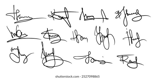 Signature Fake Autograph Vector Signs Set. Handwritten Fictitious Personal Scribbles Elements Collection. Documents Sign Doodles on White Background. Isolated