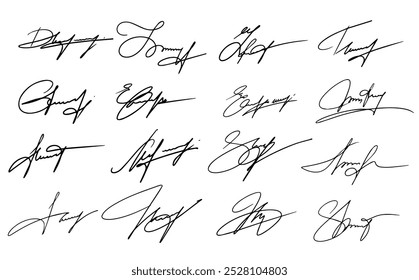 Signature Fake Autograph Vector Signs Set. Handwritten Fictitious Personal Scribbles Elements Collection. Documents Sign Doodles on White Background. Isolated